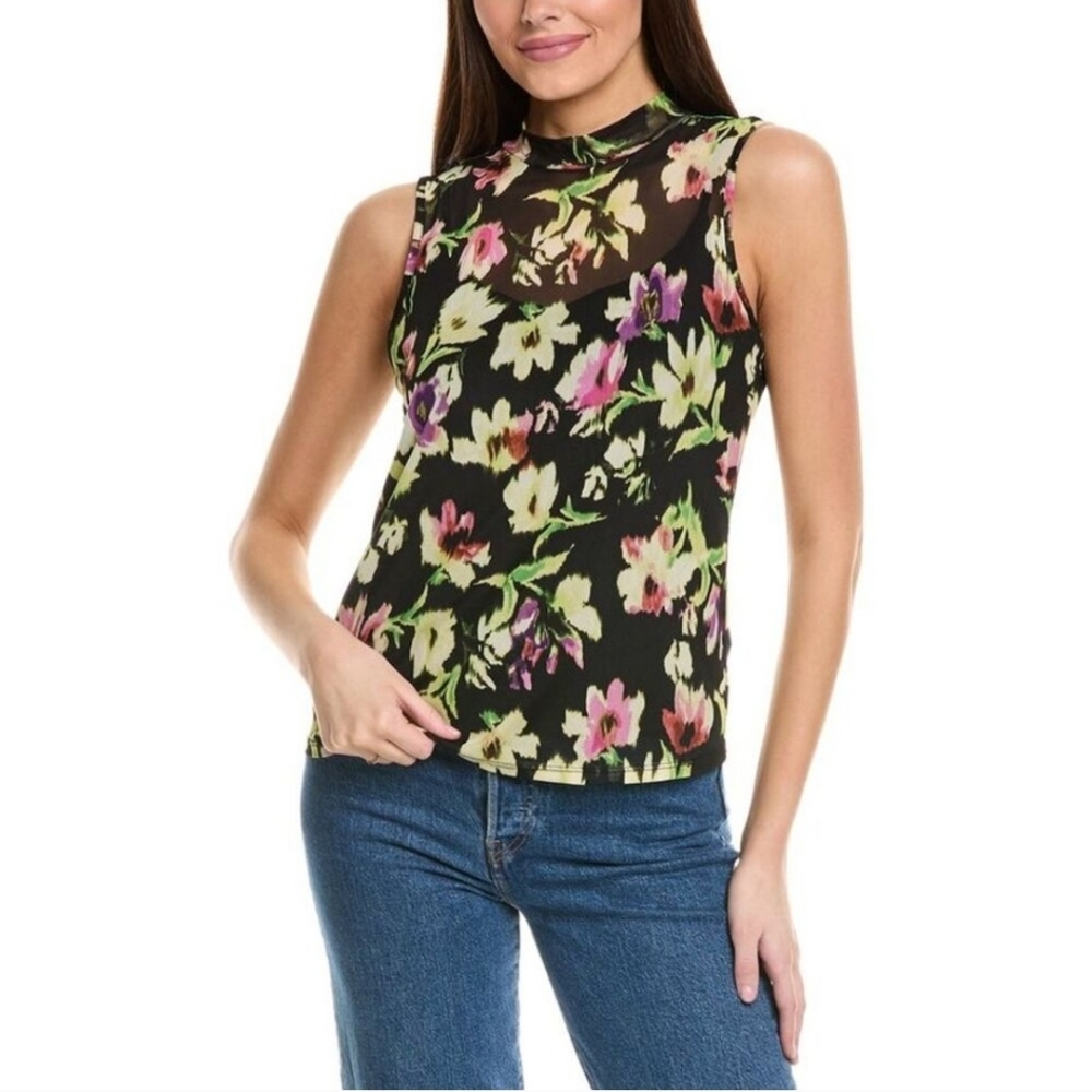 Vince Camuto Mock Neck Floral Mesh Sleeveless Top - Size Medium